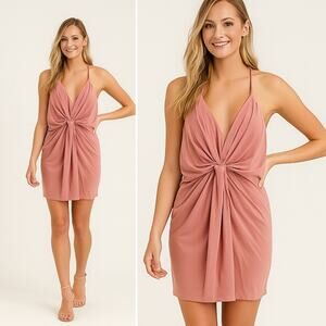MISA LOS ANGELES Domino Tie Front Mini Dress Peach Knot Front Ruched Small NWT